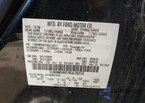 2009 Lincoln Mks из США, поврежденный, VIN 1LNHM94R19G618254